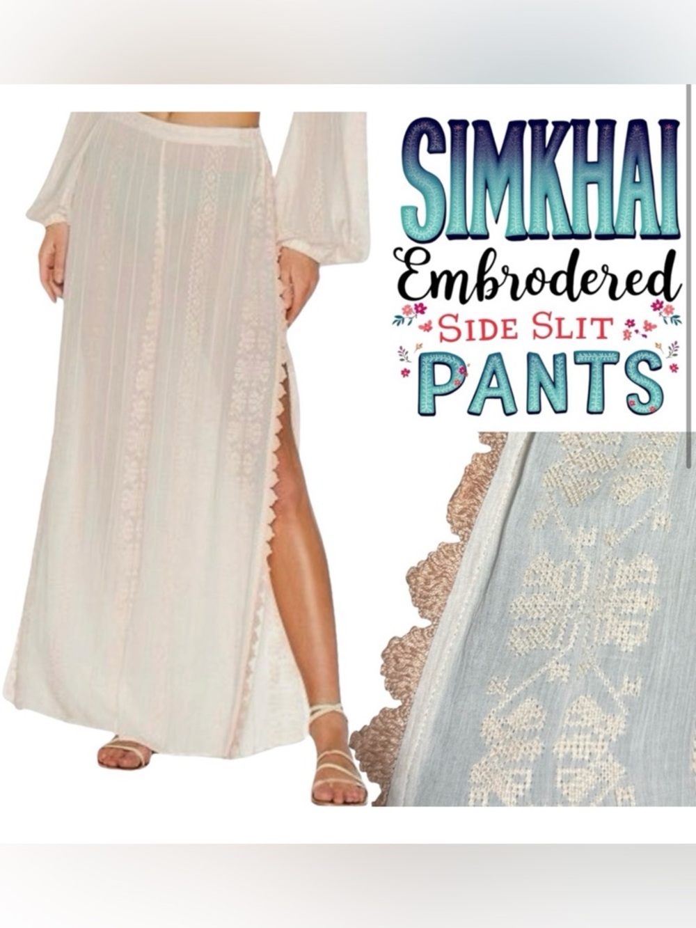 Jonathan Simkhai semi-sheer off white
Embroidered Side Slit Pants Size Small
